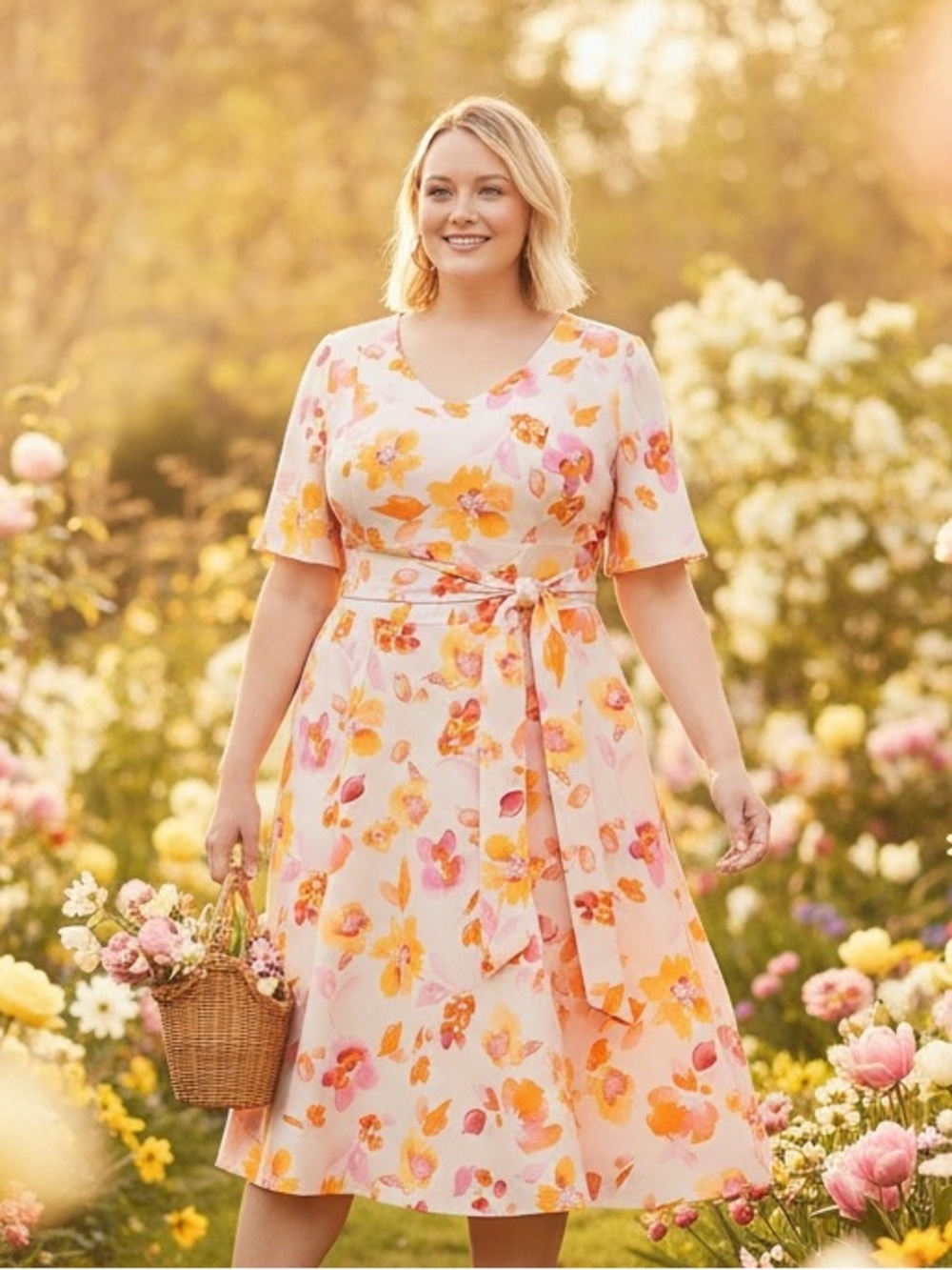 Lane Bryant Lena Sunset Floral Midi Dress Pockets Belt V-Neck Plus 14